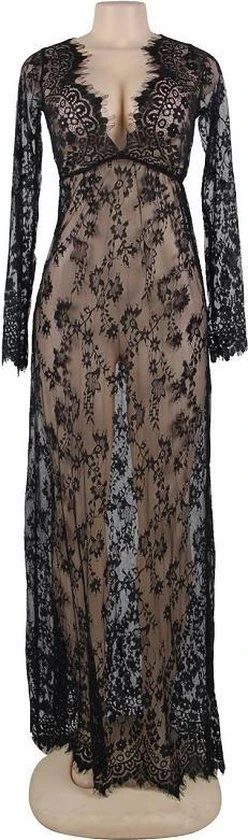 Kopen ❤️ Merkloos Zwarte Lange Nachtjurk Van Doorzichtig Kant | Maat 42 | Sexy Lingerie 🥰 - Afbeelding 4