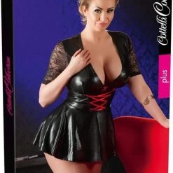 Beste deal 🌟 Cottelli Collection Cottelli Plus Size – Wetlook Mini Jurk Met Rode Veters En Diepe Decolleté Kinky En Uitdagend – Maat 3XL – Zwart 👏