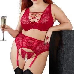 Kopen 😀 Cottelli Plus Size Sexy Lingerie Set Met Jarretel Gordel En Open Kruis Opvallend En Elegant Maat 85D/L - Rood ⭐