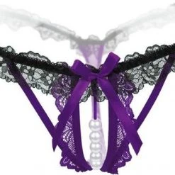 Kopen 😀 Vincma Erotische Lingerie Slipje - Sexy Parel Slipje - Sexy Kanten Open Kruis String - Zwart/Paars 👍