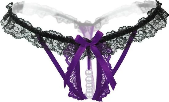 Kopen π Vincma Erotische Lingerie Slipje - Sexy Parel Slipje - Sexy Kanten Open Kruis String - Zwart/Paars π