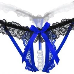 Goedkoopste 😉 Vincma Erotische Lingerie Slipje - Sexy Parel Slipje - Sexy Kanten Open Kruis String - Zwart/Blauw ✨
