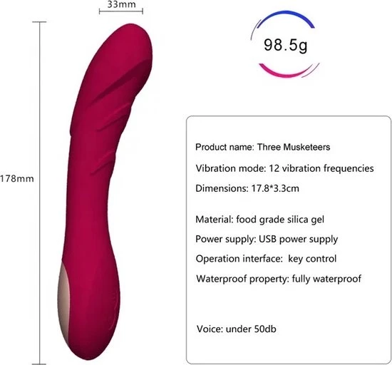 Beste Verkoop π The Three Musketeers G-Spot Vibrator| Siliconen| USB Oplaadbare G-Spot Vibrator|12 Verschillende Vibratiestanden|Gebogen Schacht Voor G-spot Stimulatie|Elegant Rood| Waterproof| Erotiek|Pleasure| π - Afbeelding 2