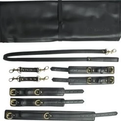 Coupon 🔥 Banoch | Luxe Bondageset Zwart | Handboeien , Enkelboeien , Collar & Leash | Pu Leer Opbergtas 🎁
