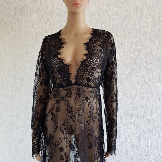 Kopen ❤️ Merkloos Zwarte Lange Nachtjurk Van Doorzichtig Kant | Maat 42 | Sexy Lingerie 🥰 - Afbeelding 6