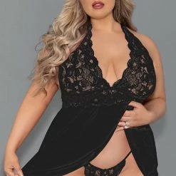 Korting 🎁 Merkloos Babydoll Setje - Zwart Kant - XXL/2XL 🧨